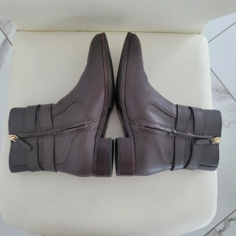 Tory Burch Dark Brown Ankle Boots with Gold Buckle Size 8M